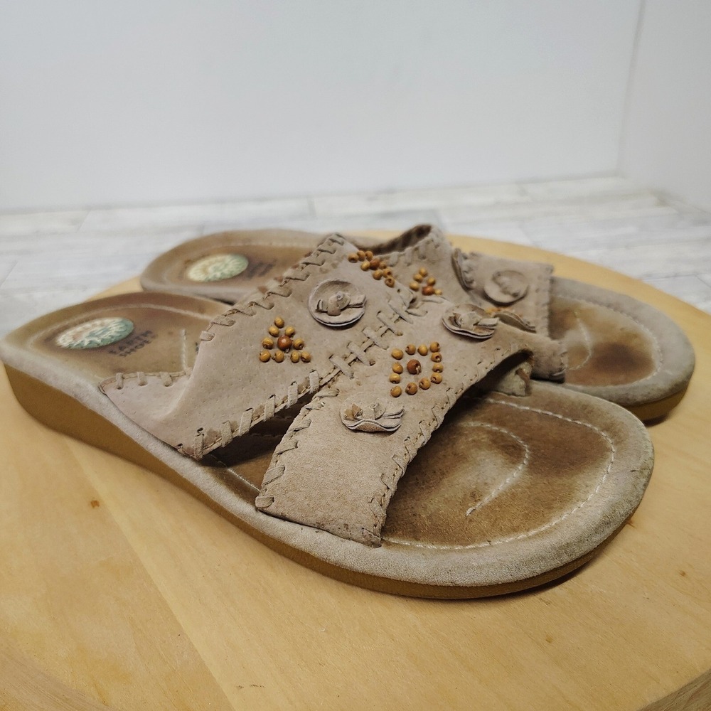 Boho Comfort Slide Sandals Suede Leather Stitch Beaded Detail Womens Sz 8